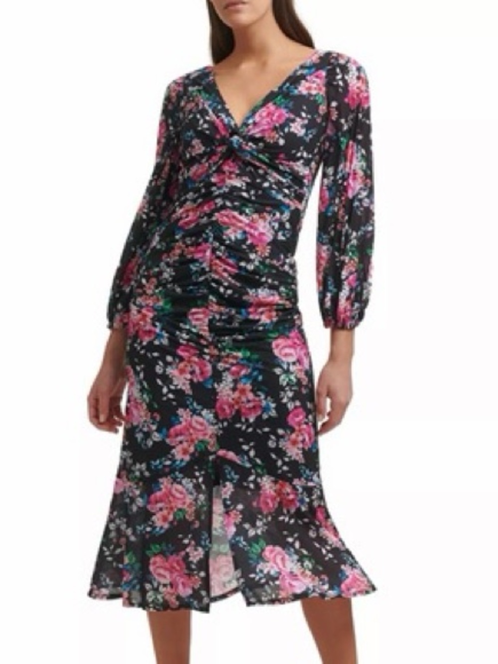 Guess Floral V-Neck Ruched Midi Dress